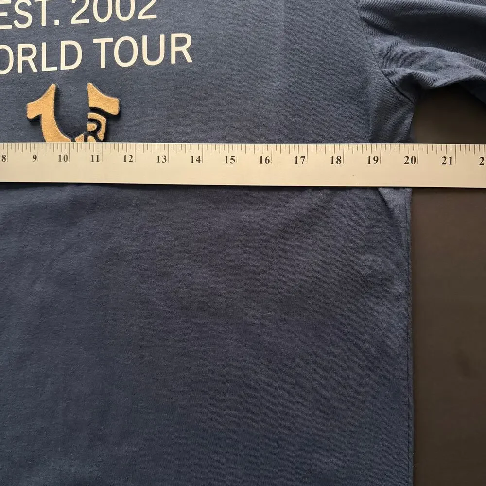 True Religion World Tour Crew Tee Mens M Dress Blue NWT Horseshoe Logo 700163